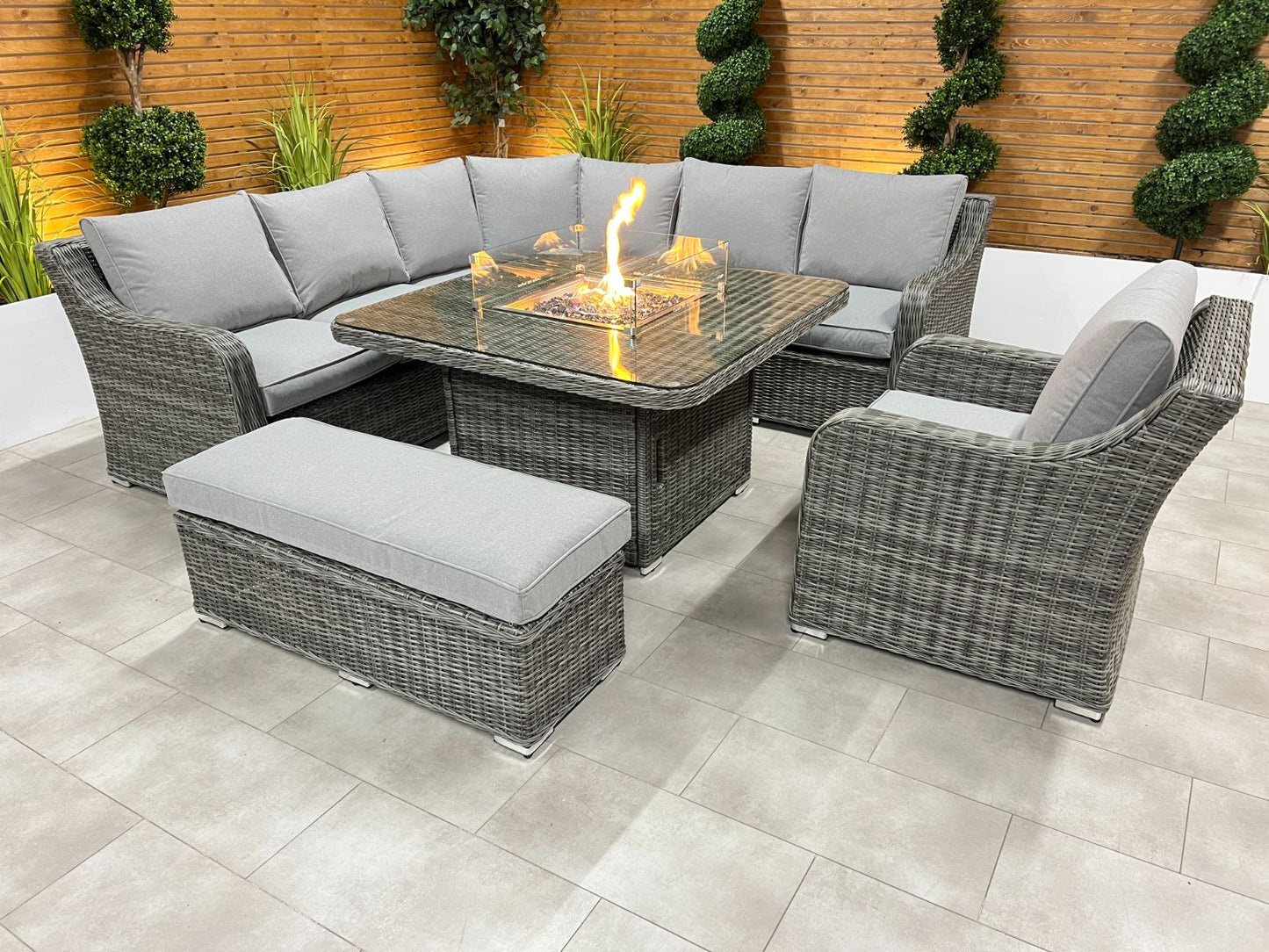 Chimes Rattan Furniture - Prestige Grey Vienna Deluxe Corner Sofa Set With Firepit table, Bench & Armchair - LOW STOCK