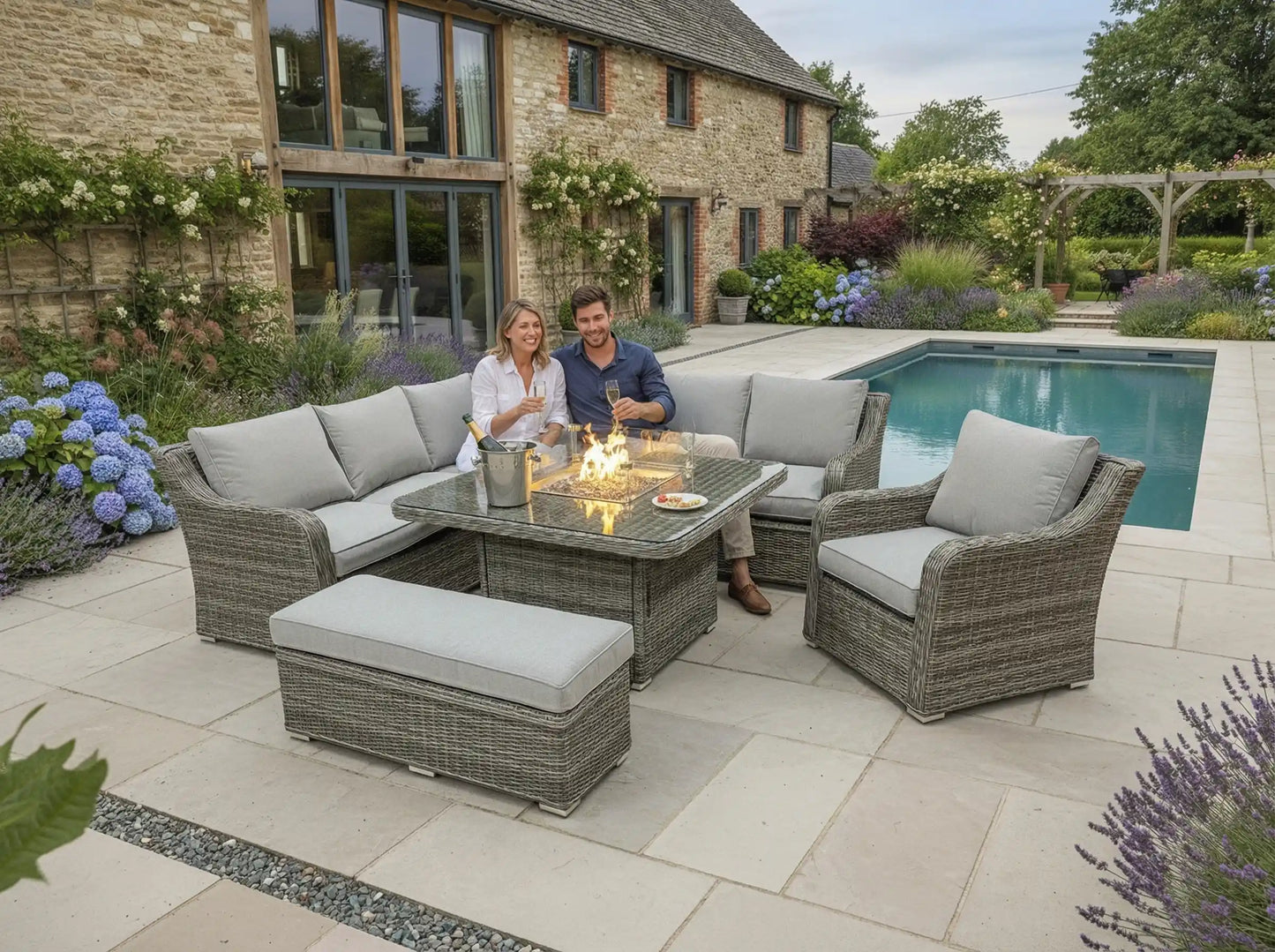 Chimes Rattan Furniture - Prestige Grey Vienna Deluxe Corner Sofa Set With Firepit table, Bench & Armchair - LOW STOCK