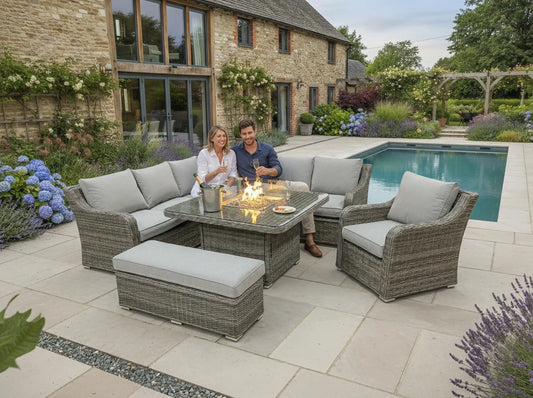 Chimes Rattan Furniture - Prestige Grey Vienna Deluxe Corner Sofa Set With Firepit table, Bench & Armchair