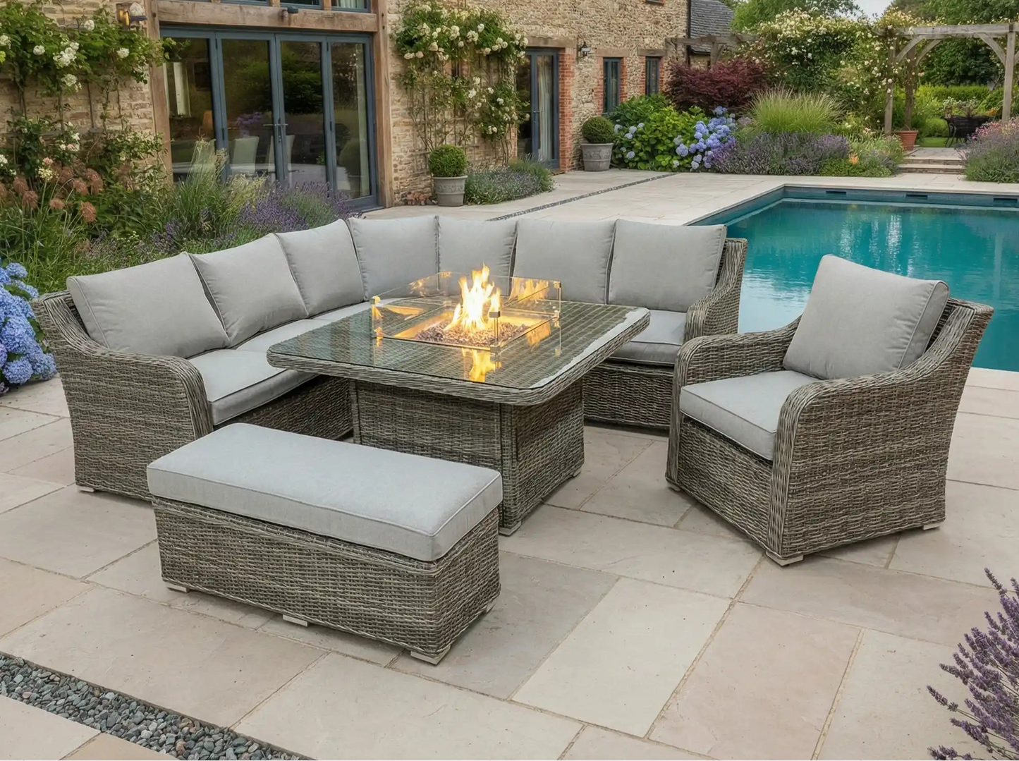 Chimes Rattan Furniture - Prestige Grey Vienna Deluxe Corner Sofa Set With Firepit table, Bench & Armchair - LOW STOCK