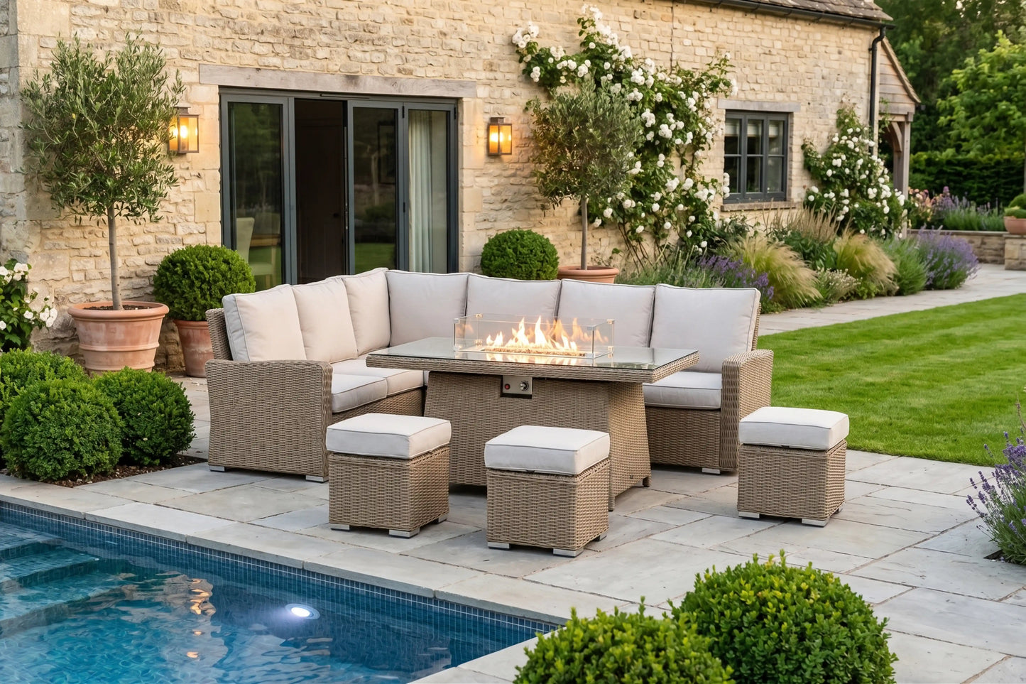 Chimes - Sandstone Florence Corner Dining Set with Firepit Table - Left Hand