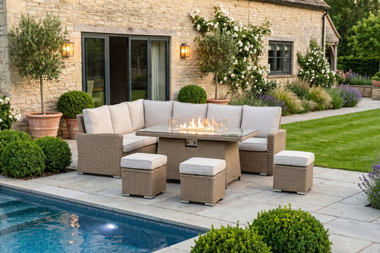 Chimes - Sandstone Florence Corner Dining Set with Firepit Table - Left Hand