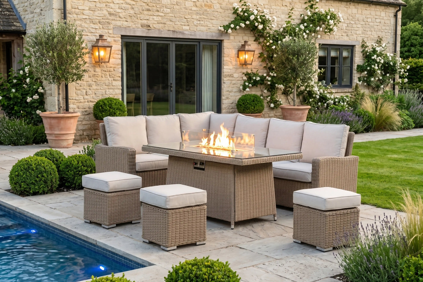 Chimes - Sandstone Florence Corner Dining Set with Firepit Table - Left Hand
