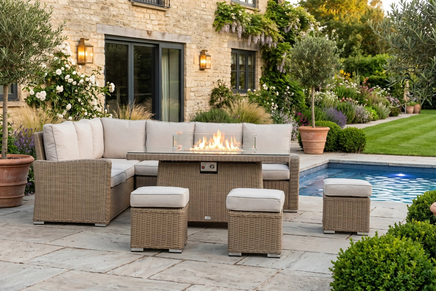Chimes - Sandstone Florence Corner Dining Set with Firepit Table - Left Hand