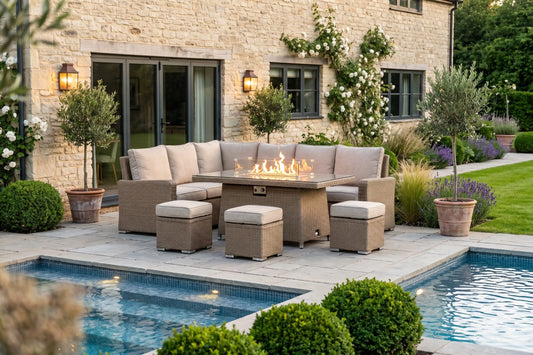 Chimes - Sandstone Florence Corner Dining Set with Firepit Table - Left Hand