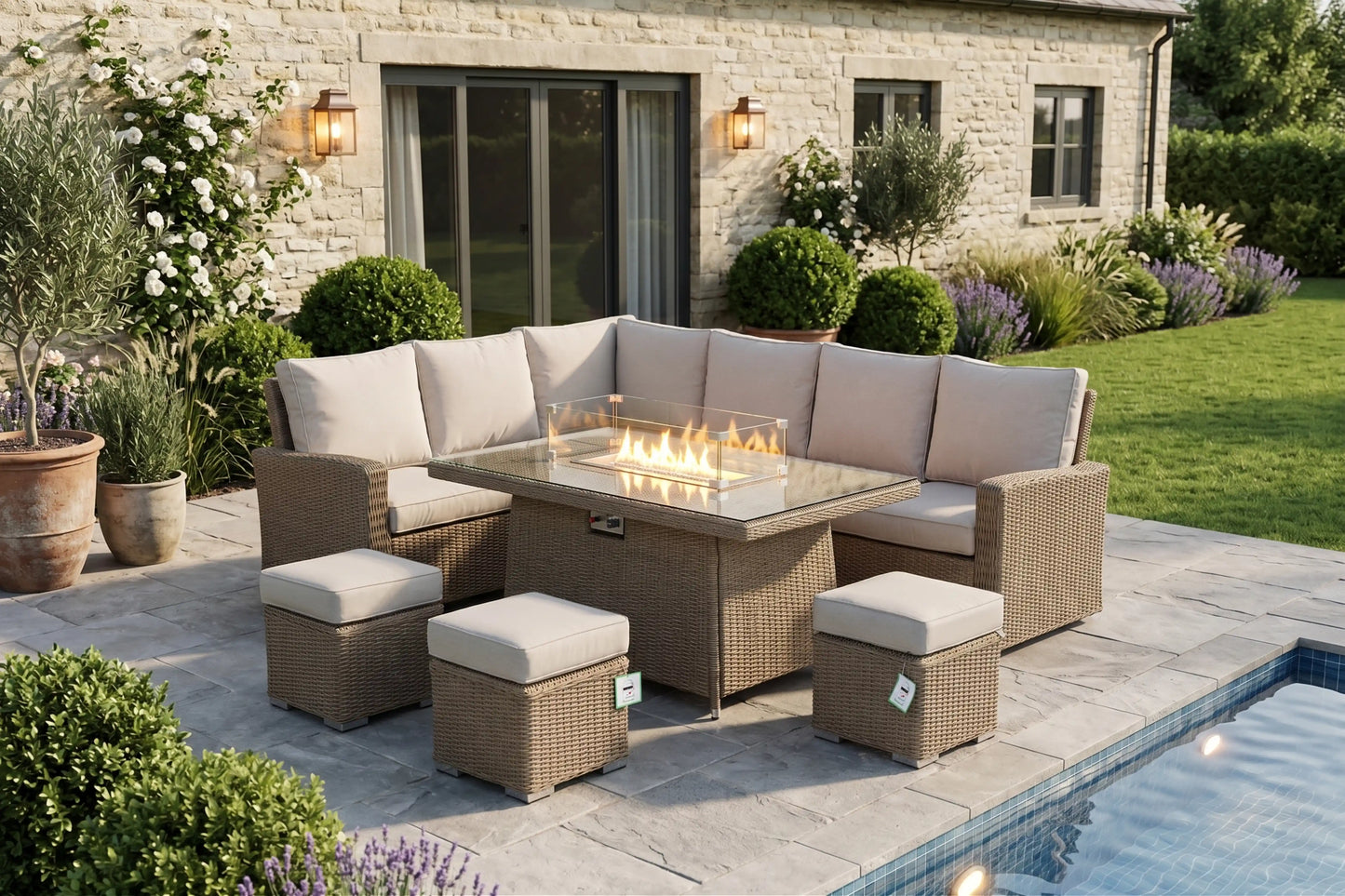 Chimes - Sandstone Florence Corner Dining Set with Firepit Table - Left Hand