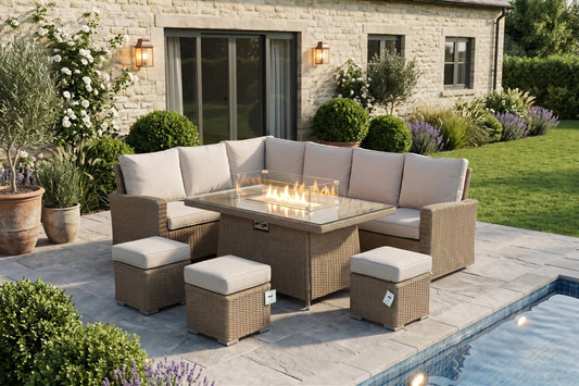 Chimes - Sandstone Florence Corner Dining Set with Firepit Table - Left Hand