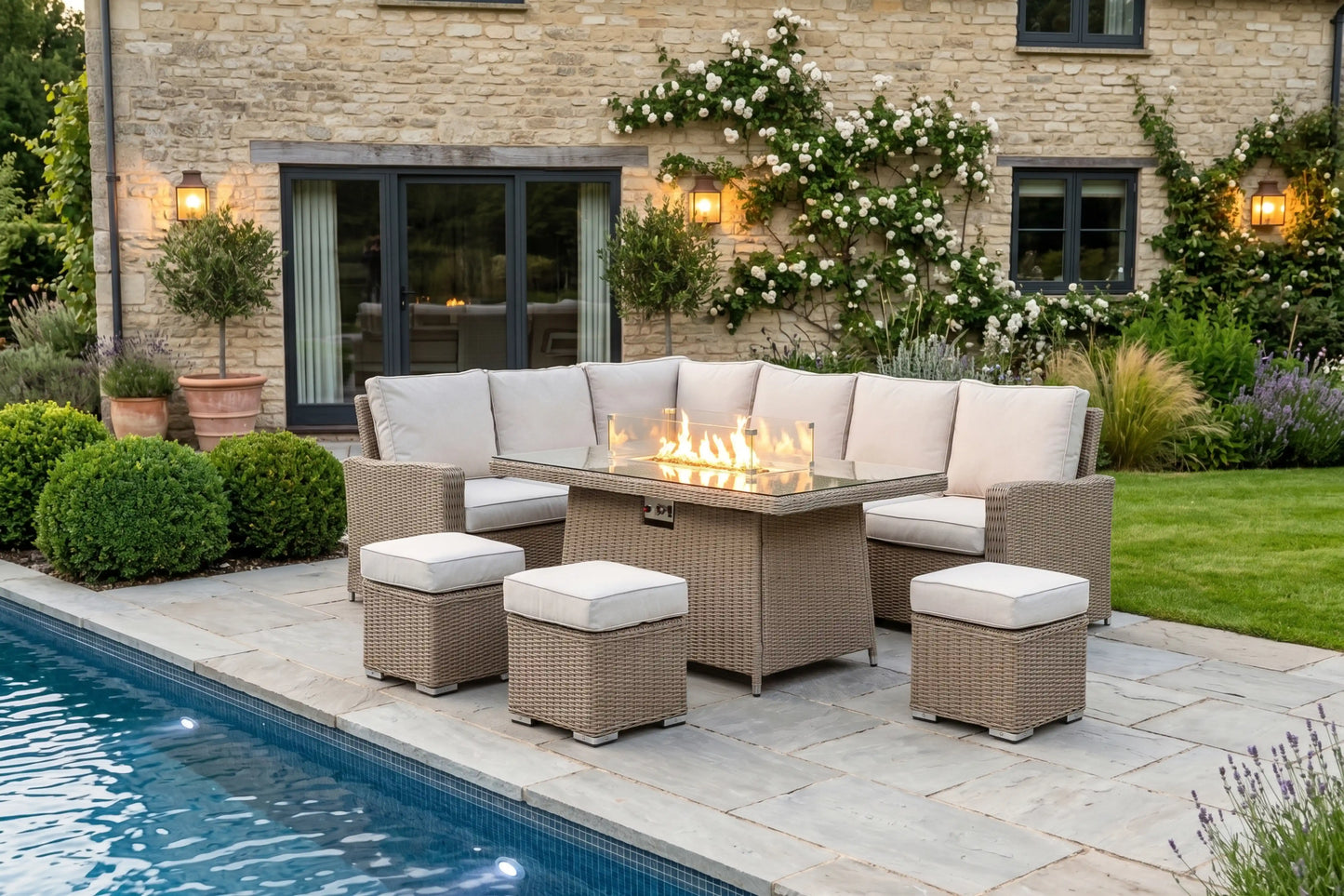 Chimes - Sandstone Florence Corner Dining Set with Firepit Table - Left Hand