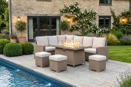 Chimes - Sandstone Florence Corner Dining Set with Firepit Table - Left Hand