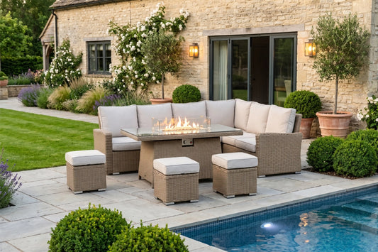 Chimes - Sandstone Florence Corner Dining Set with Firepit Table - Right Hand