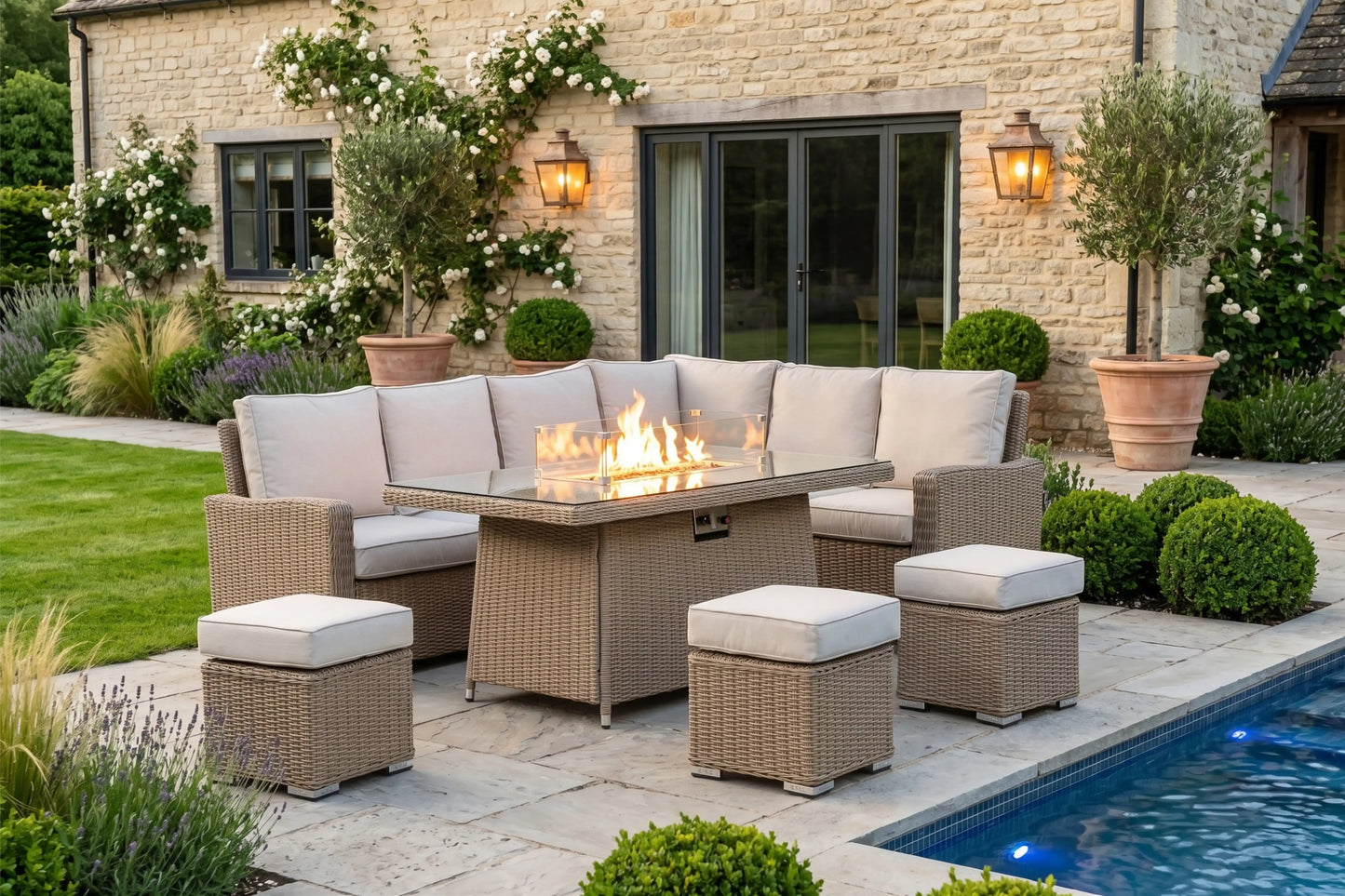 Chimes - Sandstone Florence Corner Dining Set with Firepit Table - Right Hand