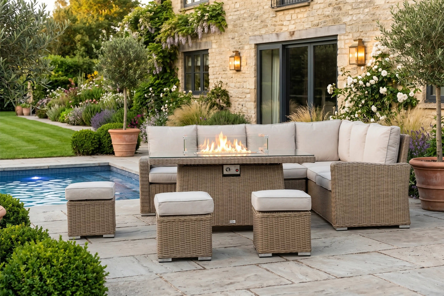 Chimes - Sandstone Florence Corner Dining Set with Firepit Table - Right Hand