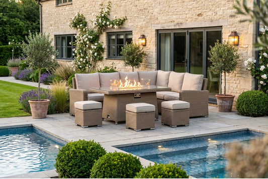 Chimes - Sandstone Florence Corner Dining Set with Firepit Table - Right Hand