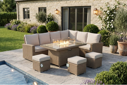 Chimes - Sandstone Florence Corner Dining Set with Firepit Table - Right Hand