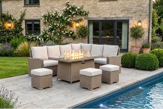 Chimes - Sandstone Florence Corner Dining Set with Firepit Table - Right Hand