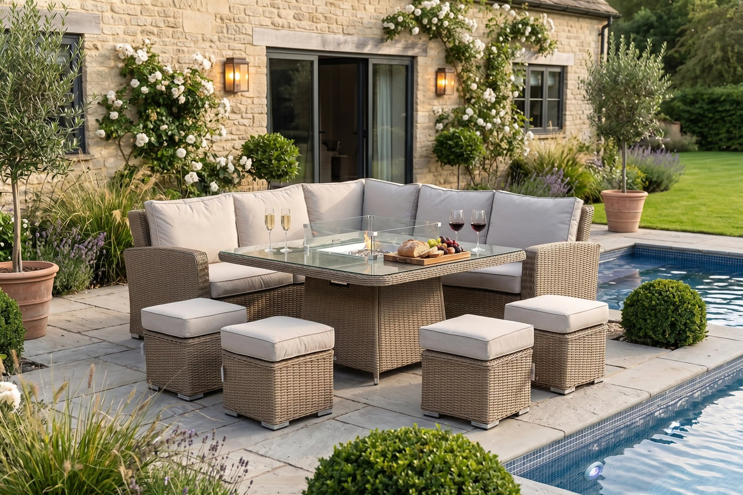 Chimes - Sandstone Florence Deluxe Corner Dining Set With Firepit Table