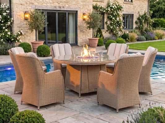 Chimes - Sandstone Madrid 6 Seat Round Dining Set - 1.5 Meter Round Table with Firepit