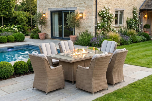 Chimes - Sandstone Madrid 6 Seat Rectangular Dining Set - 1 Meter x 1.5 Meter Table With Firepit