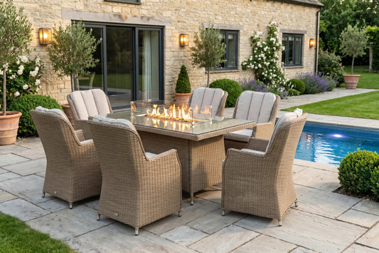Chimes - Sandstone Madrid 6 Seat Rectangular Dining Set - 1 Meter x 1.5 Meter Table With Firepit