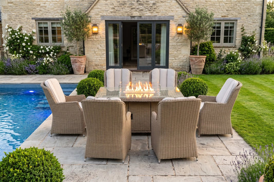 Chimes - Sandstone Madrid 6 Seat Rectangular Dining Set - 1 Meter x 1.5 Meter Table With Firepit