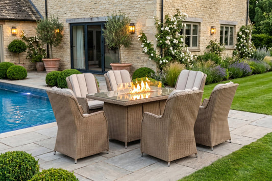 Chimes - Sandstone Madrid 6 Seat Rectangular Dining Set - 1 Meter x 1.5 Meter Table With Firepit