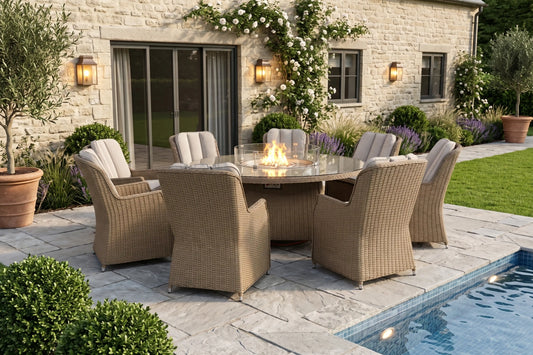 Chimes - Sandstone Madrid 8 Seat Round Dining Set - 1.8 Meter Round Table with Firepit