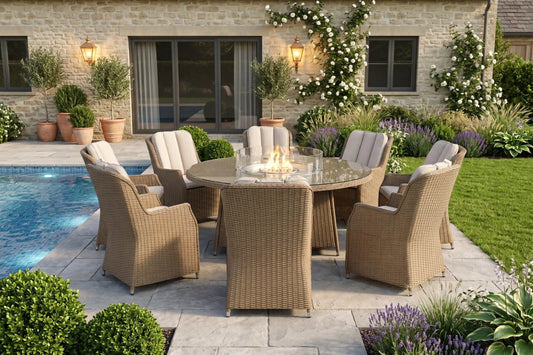Chimes - Sandstone Madrid 8 Seat Round Dining Set - 1.8 Meter Round Table with Firepit