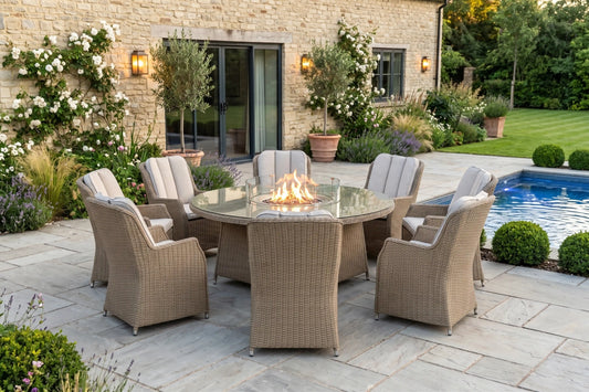 Chimes - Sandstone Madrid 8 Seat Round Dining Set - 1.8 Meter Round Table with Firepit