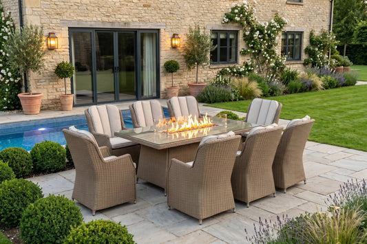 Chimes - Sandstone Madrid 8 Seat Rectangular Dining Set - 1 Meter x 2 Meter Table With Firepit