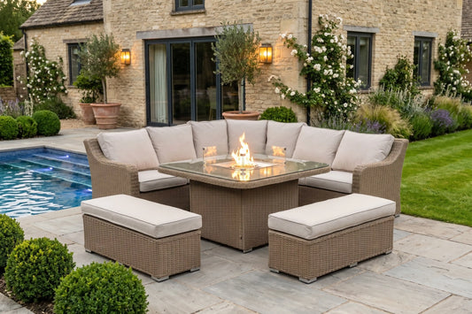 Chimes - Sandstone Vienna Deluxe Corner Sofa Set With Firepit table & 2 Benches