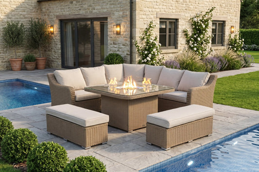 Chimes - Sandstone Vienna Deluxe Corner Sofa Set With Firepit table & 2 Benches