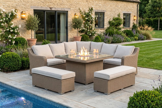 Chimes - Sandstone Vienna Deluxe Corner Sofa Set With Firepit table & 2 Benches