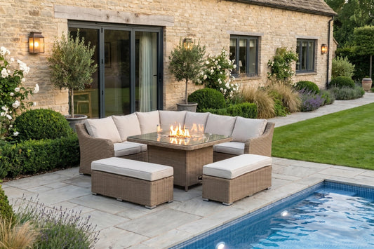Chimes - Sandstone Vienna Deluxe Corner Sofa Set With Firepit table & 2 Benches