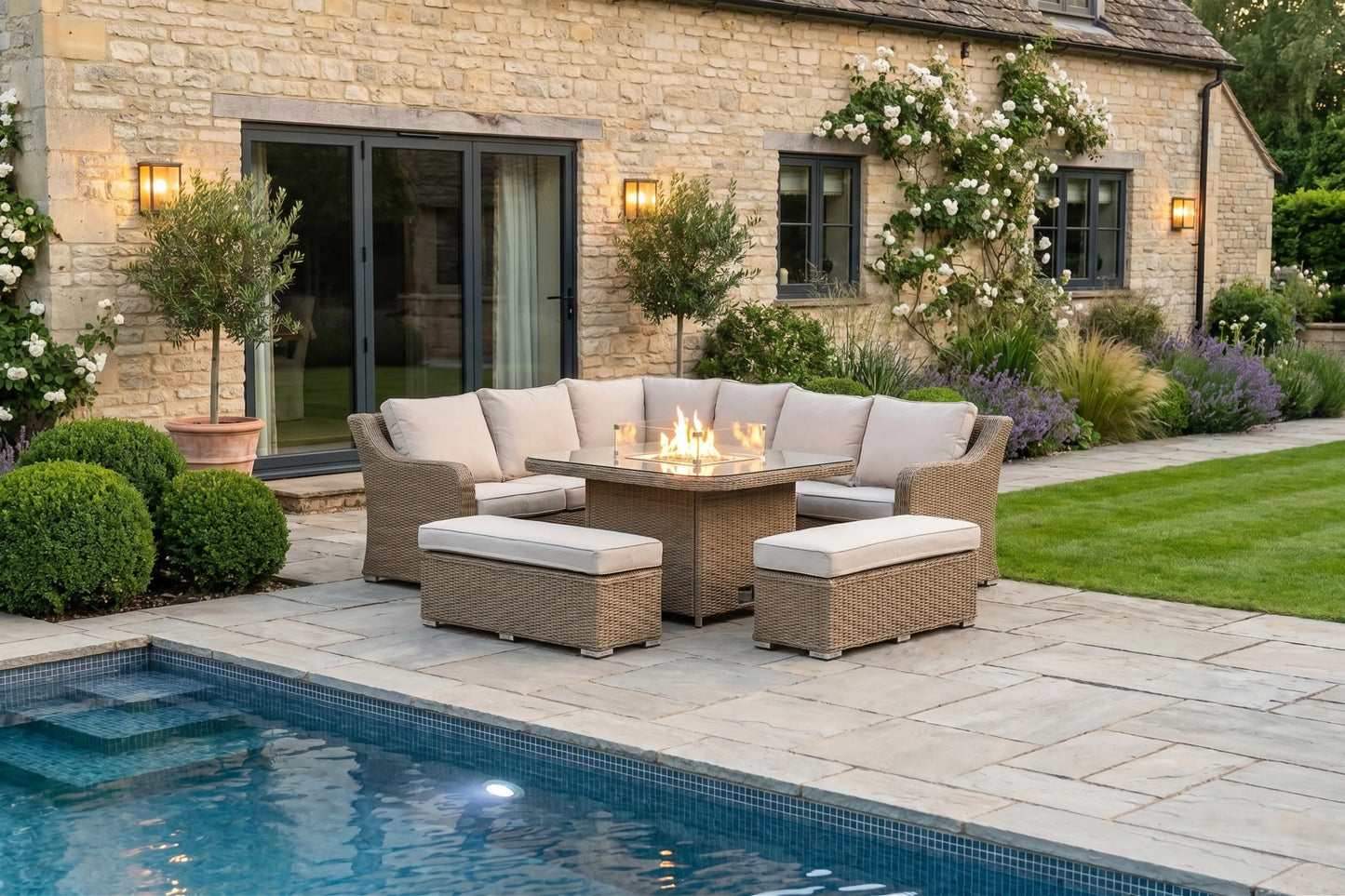 Chimes - Sandstone Vienna Deluxe Corner Sofa Set With Firepit table & 2 Benches