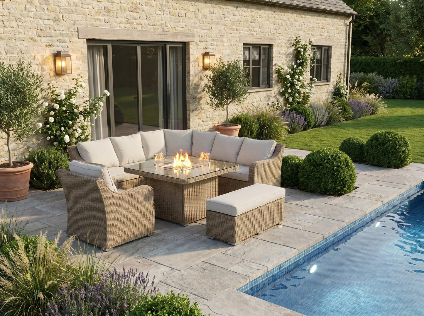 Chimes Rattan Furniture - Sandstone Vienna Deluxe Corner Sofa Set With Firepit table, Bench & Armchair