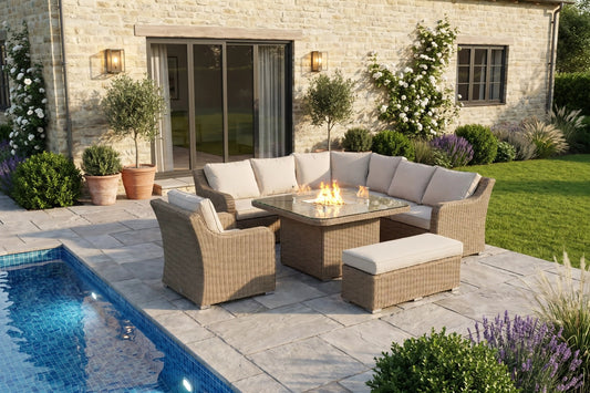 Chimes Rattan Furniture - Sandstone Vienna Deluxe Corner Sofa Set With Firepit table, Bench & Armchair