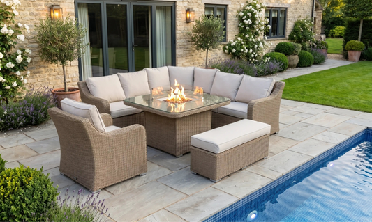 Chimes Rattan Furniture - Sandstone Vienna Deluxe Corner Sofa Set With Firepit table, Bench & Armchair