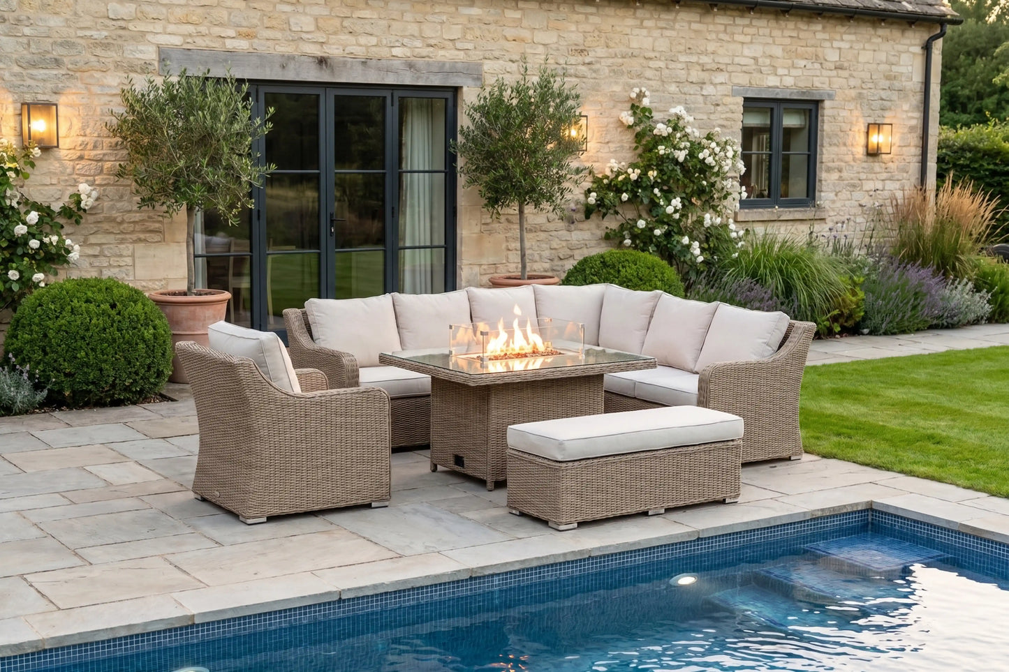 Chimes Rattan Furniture - Sandstone Vienna Deluxe Corner Sofa Set With Firepit table, Bench & Armchair