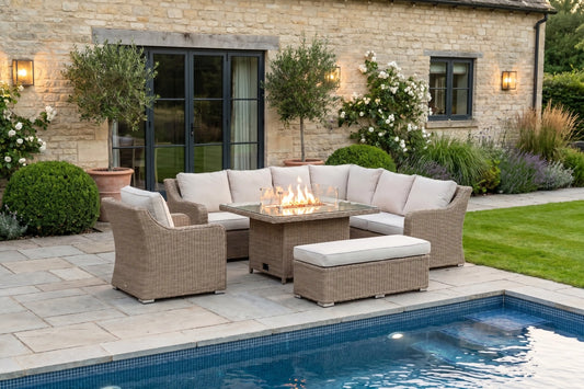 Chimes Rattan Furniture - Sandstone Vienna Deluxe Corner Sofa Set With Firepit table, Bench & Armchair