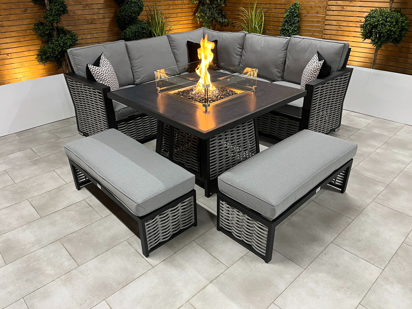 Chimes - Monaco Aluminium Compact Corner Dining Set with Firepit Table - Rope Weave