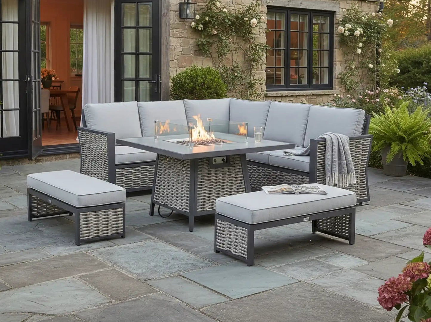 Chimes - Monaco Aluminium Compact Corner Dining Set with Firepit Table - Rope Weave