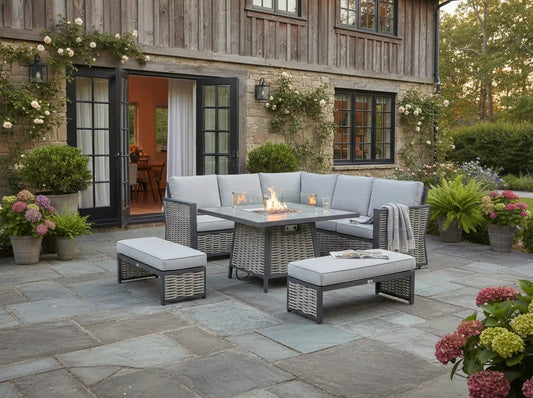 Chimes - Monaco Aluminium Compact Corner Dining Set with Firepit Table - Rope Weave