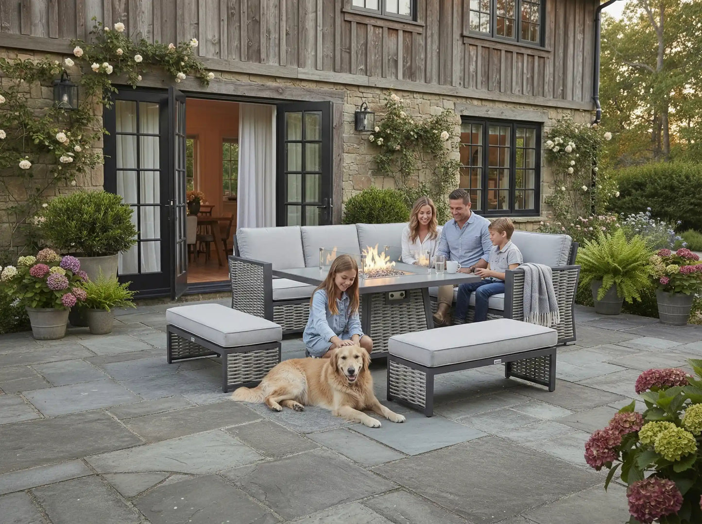 Chimes - Monaco Aluminium Compact Corner Dining Set with Firepit Table - Rope Weave