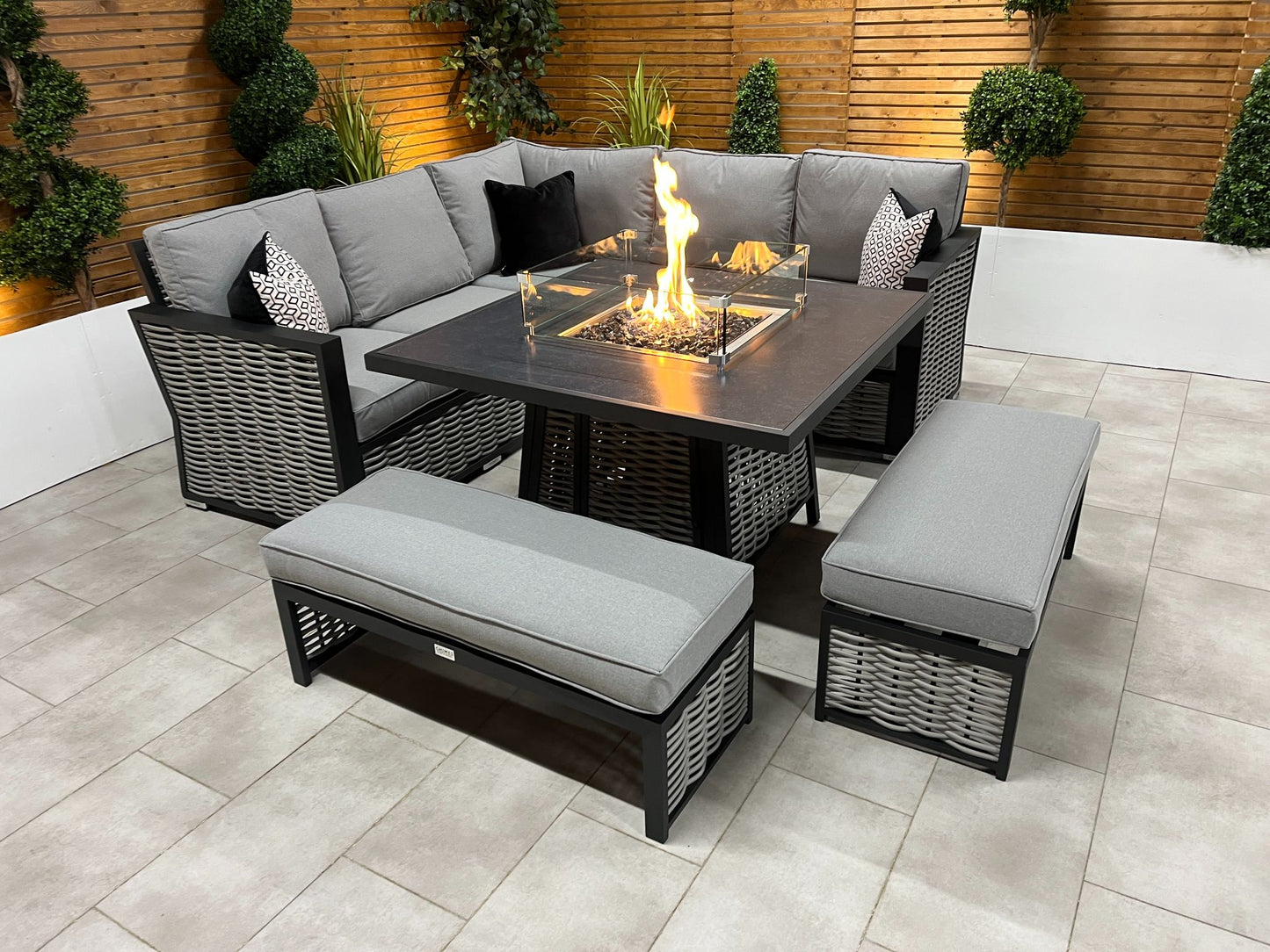 Chimes - Monaco Aluminium Compact Corner Dining Set with Firepit Table - Rope Weave
