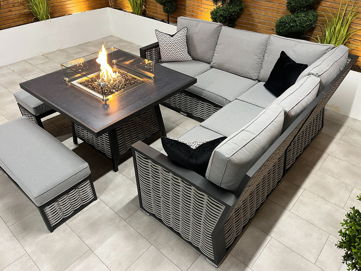 Chimes - Monaco Aluminium Compact Corner Dining Set with Firepit Table - Rope Weave