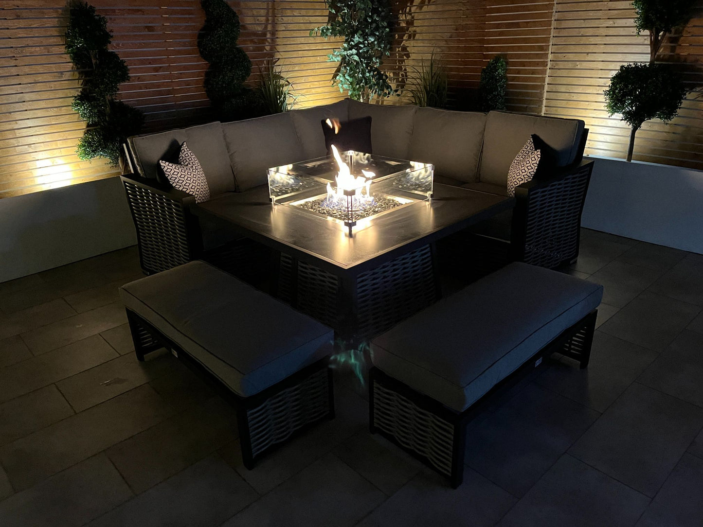 Chimes - Monaco Aluminium Compact Corner Dining Set with Firepit Table - Rope Weave