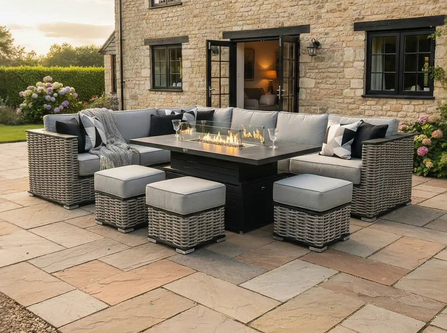 Chimes - Monaco Aluminium Left Hand Corner Dining Set with Rising Firepit Table - Rope Weave