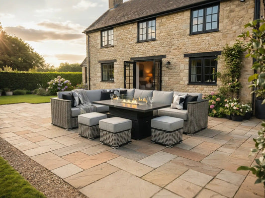 Chimes - Monaco Aluminium Left Hand Corner Dining Set with Rising Firepit Table - Rope Weave