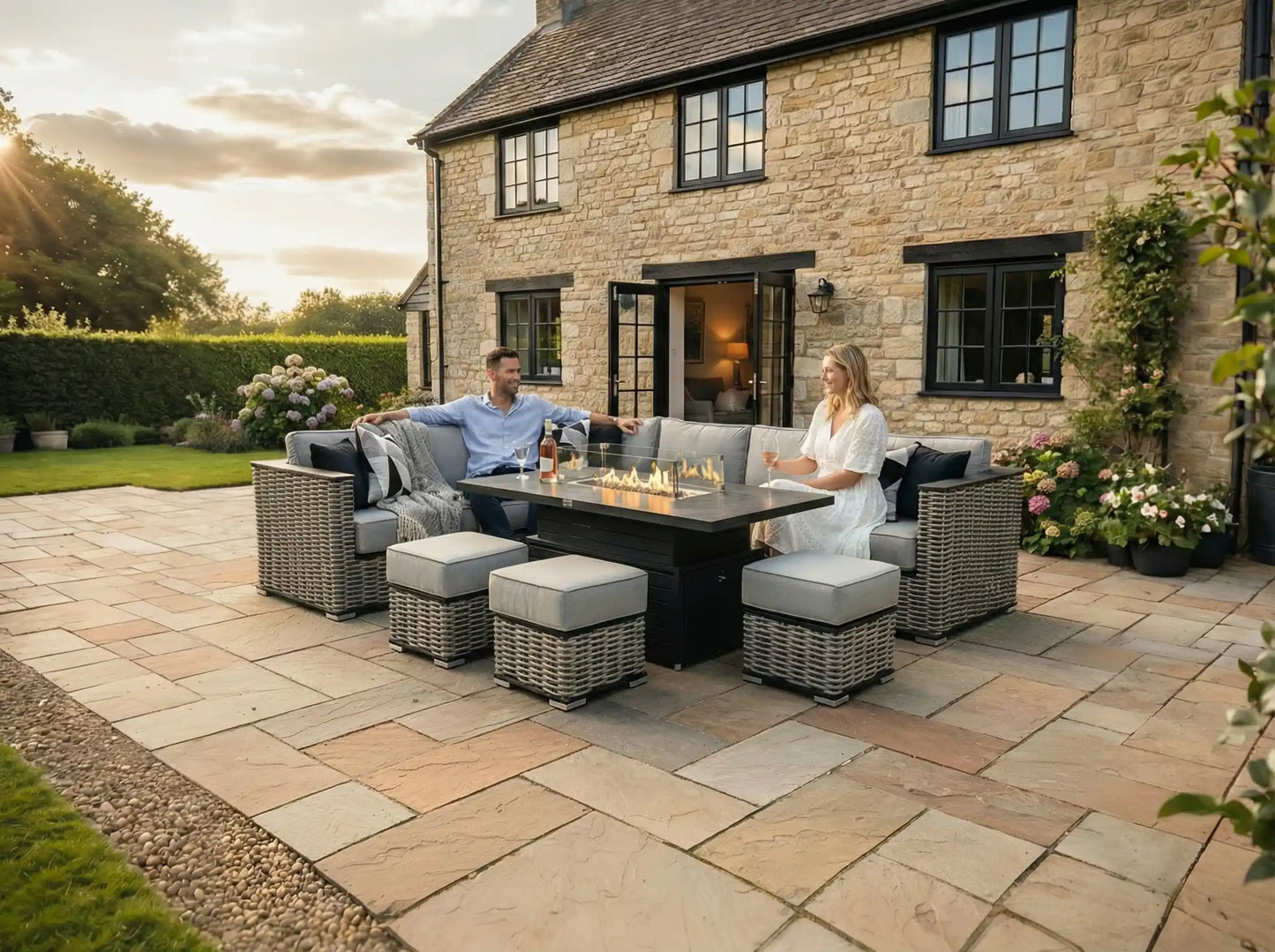 Chimes - Monaco Aluminium Left Hand Corner Dining Set with Rising Firepit Table - Rope Weave