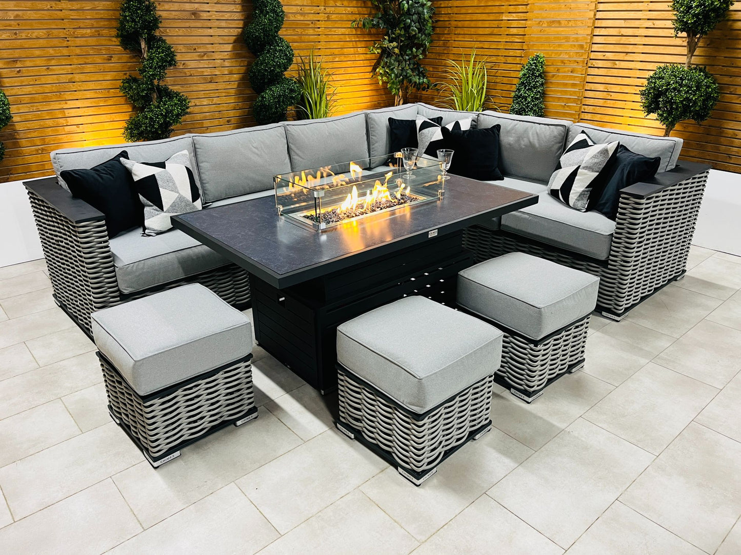 Chimes - Monaco Aluminium Right Hand Corner Dining Set with Rising Firepit Table - Rope Weave